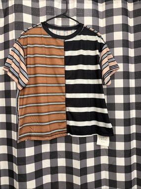 Colorblock Striped Short Sleeve Tee - Black & Brown